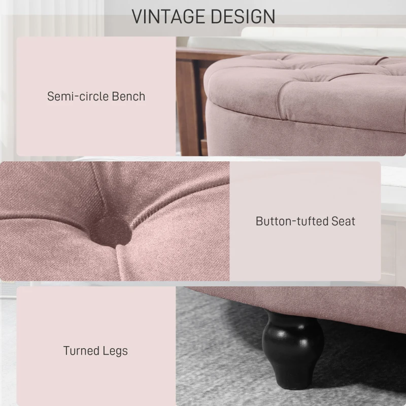 HOMCOM Semi-Circle Ottoman Storage Bench, Bed End Bench, Tufted Upholstered Window Seat Footrest Stool with Rubberwood Legs for Bedroom & Entryway, 120 x 46 x 42 cm, Pink