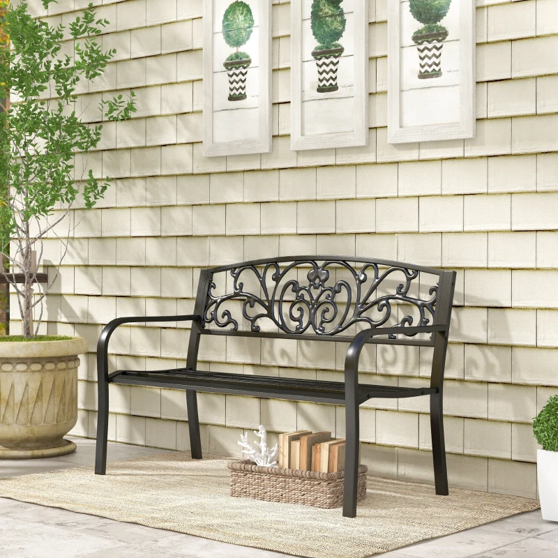 Outsunny Panchina da Giardino in Metallo con Schienale Decorato, 127x60x87cm - Nero