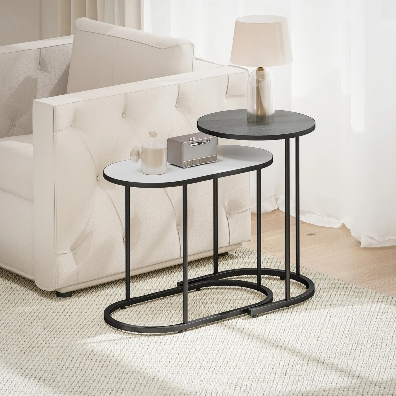 HOMCOM Set 2 Mese de Cafea Suprapozabile cu Cadru din Metal pentru Living și Birou, Gri și Alb