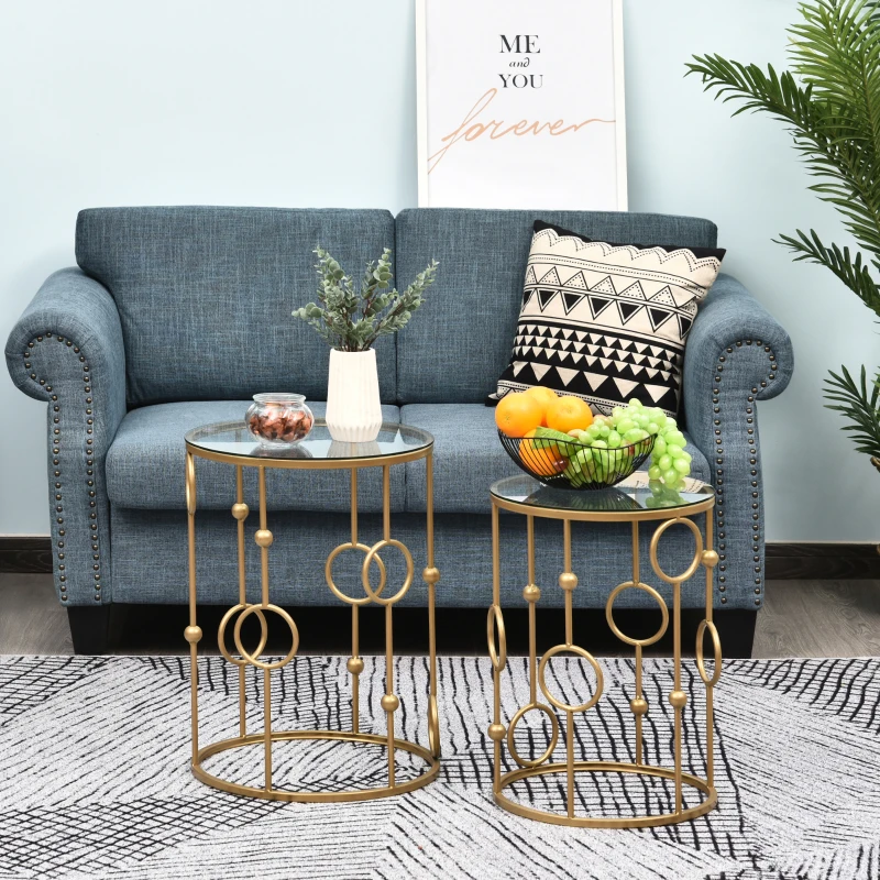 HOMCOM 2er-Set Couchtisch, Beistelltisch mit Glasplatte, Wohnzimmertisch mit Reifen- und Kugeldesign Ø41 x 57 cm, Gold