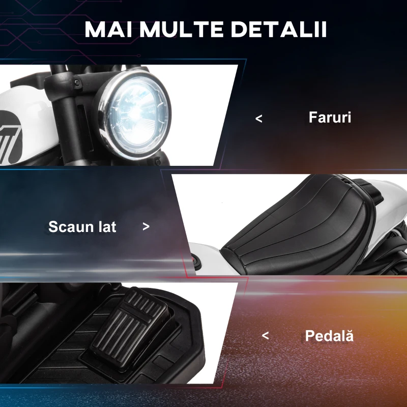HOMCOM Motocicletă Electrică pentru Copii 18-36 Luni cu Roți Ajutătoare și Far, 76x42x57 cm, Alb și Negru