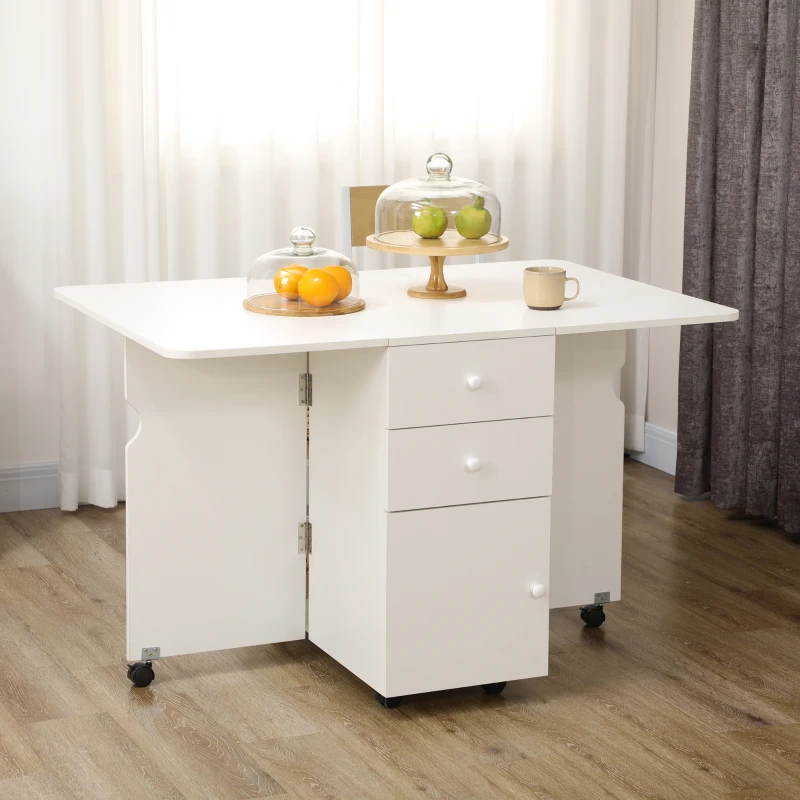 HOMCOM Mesa de Comedor Plegable Alas Abatibles con Ruedas y 2 Cajones Mesa de Cocina Pequeña Estilo Moderno 120x80x75 cm Blanco