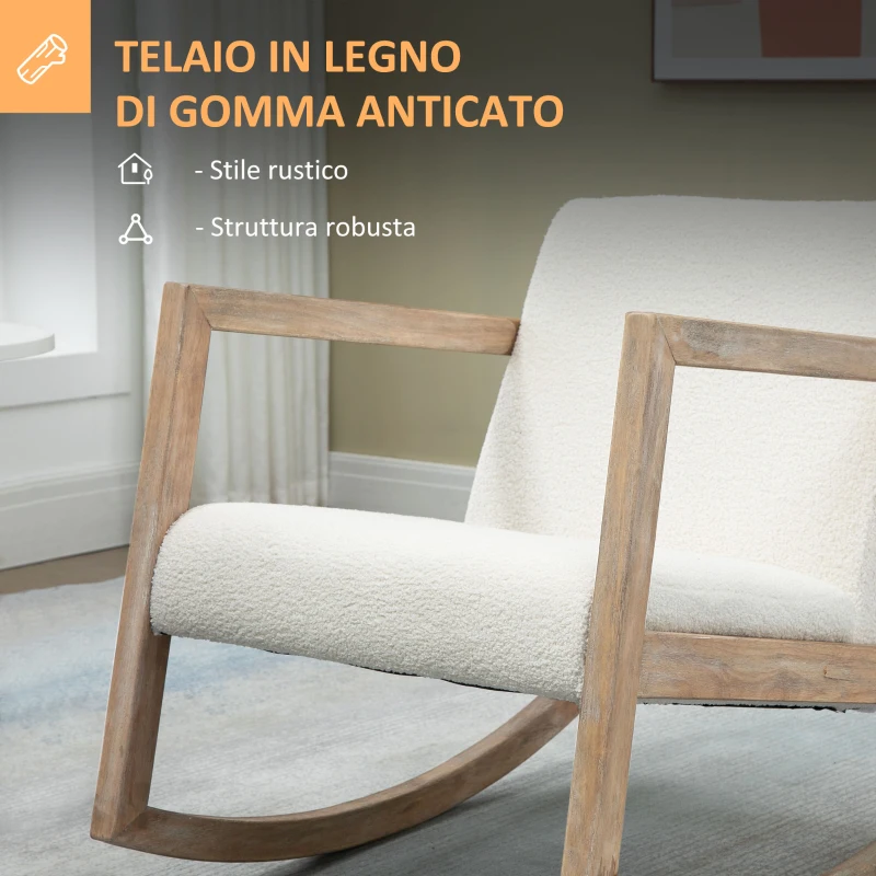 HOMCOM Sedia a Dondolo con Cuscini per Seduta e Schienale, in Legno, Pile e Schiuma, 60x76x71 cm, Crema