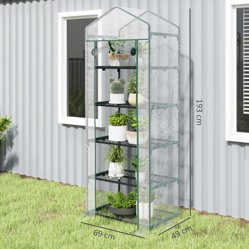 Outsunny Mini Serra da Giardino e Terrazza per Piante a 5 Ripiani in Acciaio con Copertura in PVC, 69x49x193 cm, Verde