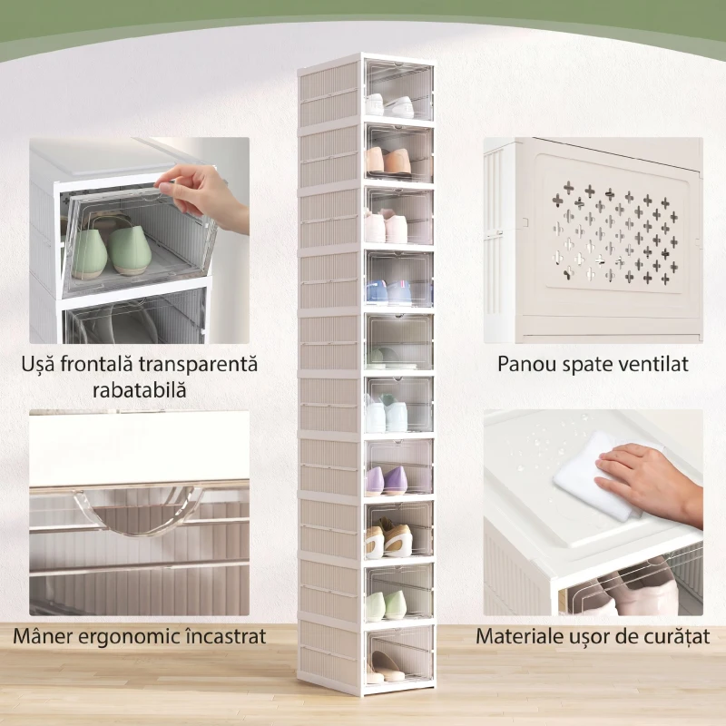 HOMCOM Pantofar Pliabil Slim, Modular, cu 10 Cutii pentru Pantofi, Economisire Spațiu, Fără Montaj, Alb