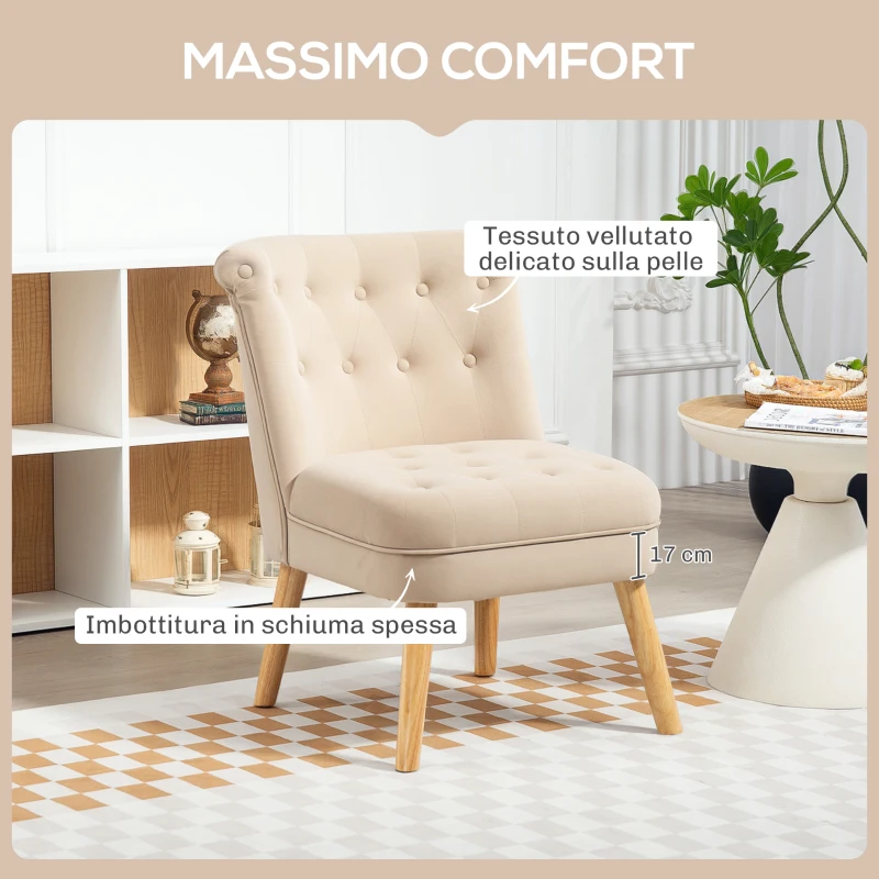 HOMCOM Poltrona per Salotto in Velluto con Seduta Imbottita e Trapuntata a Bottoni, 60x66x79 cm, Beige