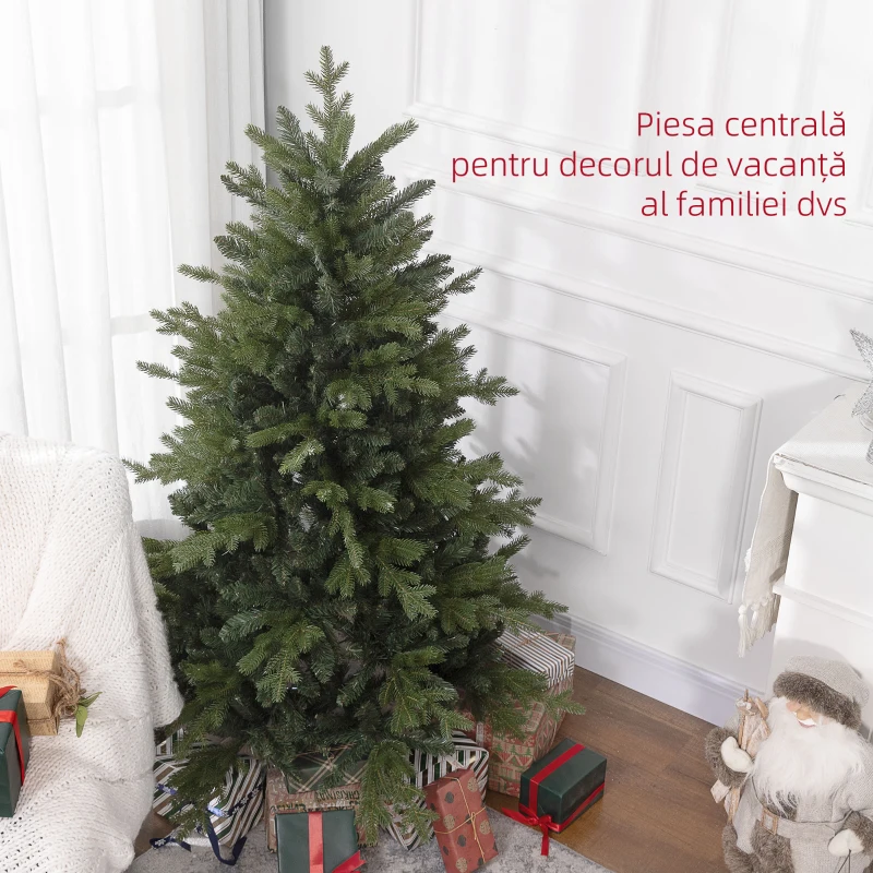 HOMCOM Brad de Crăciun 150 cm din plastic verde cu bază din metal și 1309 crengi ignifuge