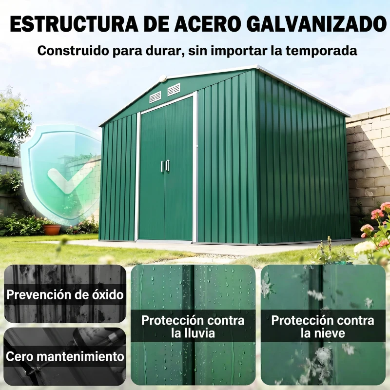 Outsunny Cobertizo de Jardín 4,9 m² 277x195x192 cm con 2 Puertas Corredizas Base Refuerzo (Suelo NO Incluido) Verde Oscuro