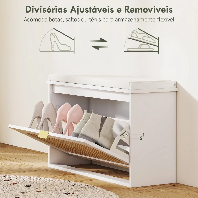 HOMCOM Banco para Sapatos Boho com Assento Acolchoado Porta de Rattan Gaveta Basculante Prateleira Ajustável 8 Pares 80x26x47,5 cm Branco