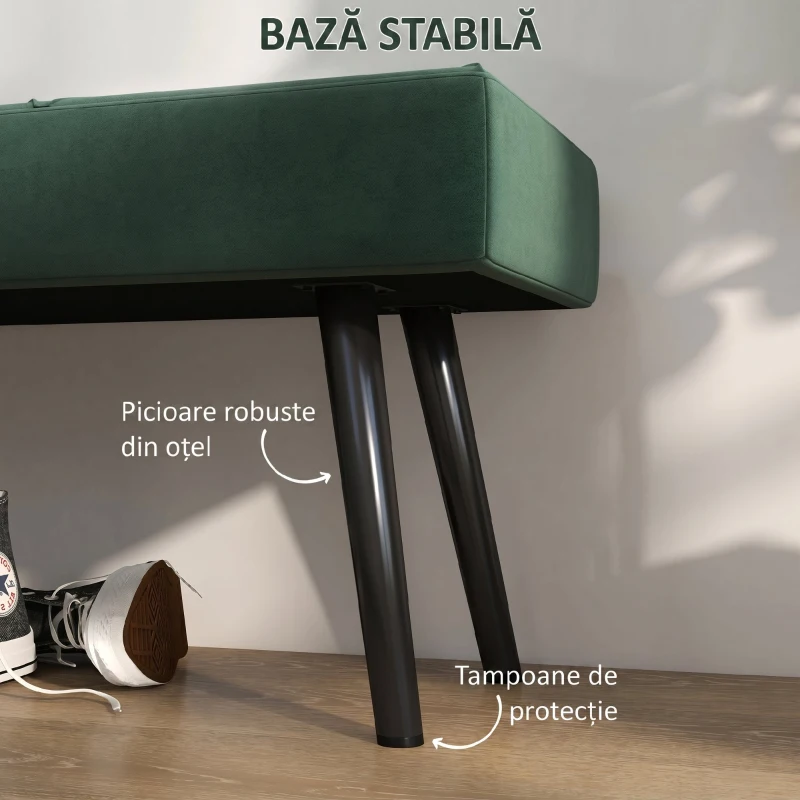 HOMCOM Bancă Tapițată pentru Dormitor, din Catifea și Oțel, 100x36x45 cm, Verde și Negru