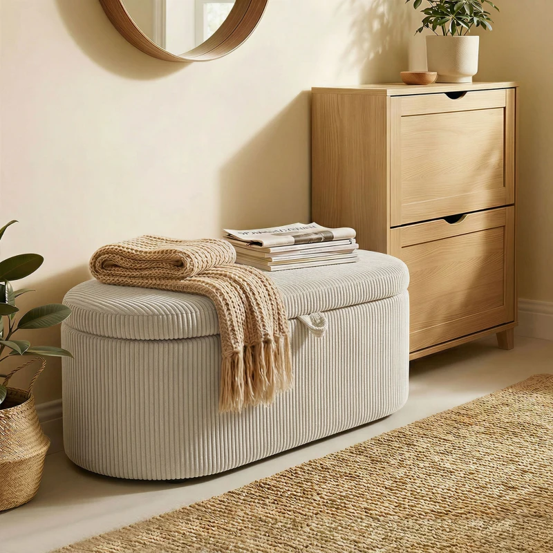 HOMCOM Aufbewahrungs-Ottomane, Cord-Polsterung mit gepolsterter Sitzfläche, Sitzbank am Bettende, 105 x 51 x 49 cm, Beige