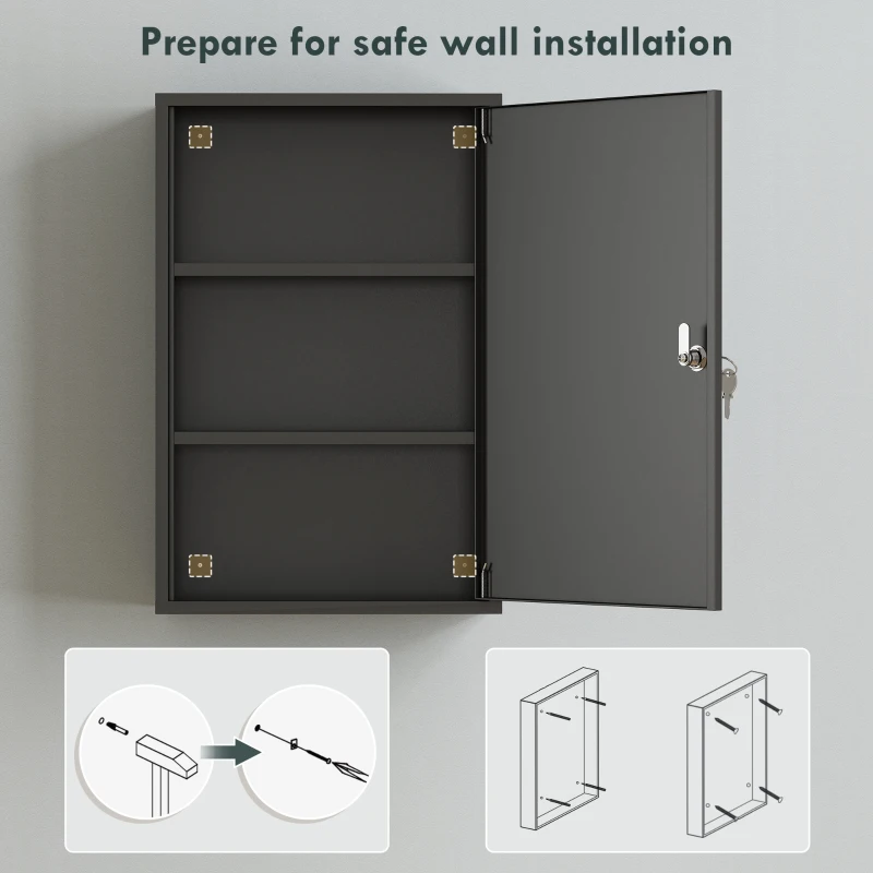 kleankin 3-Tier Steel Wall Mount Medicine Cabinet, First Aid Cabinet Lockable with 2 Keys for Bathroom and Kitchen, Black