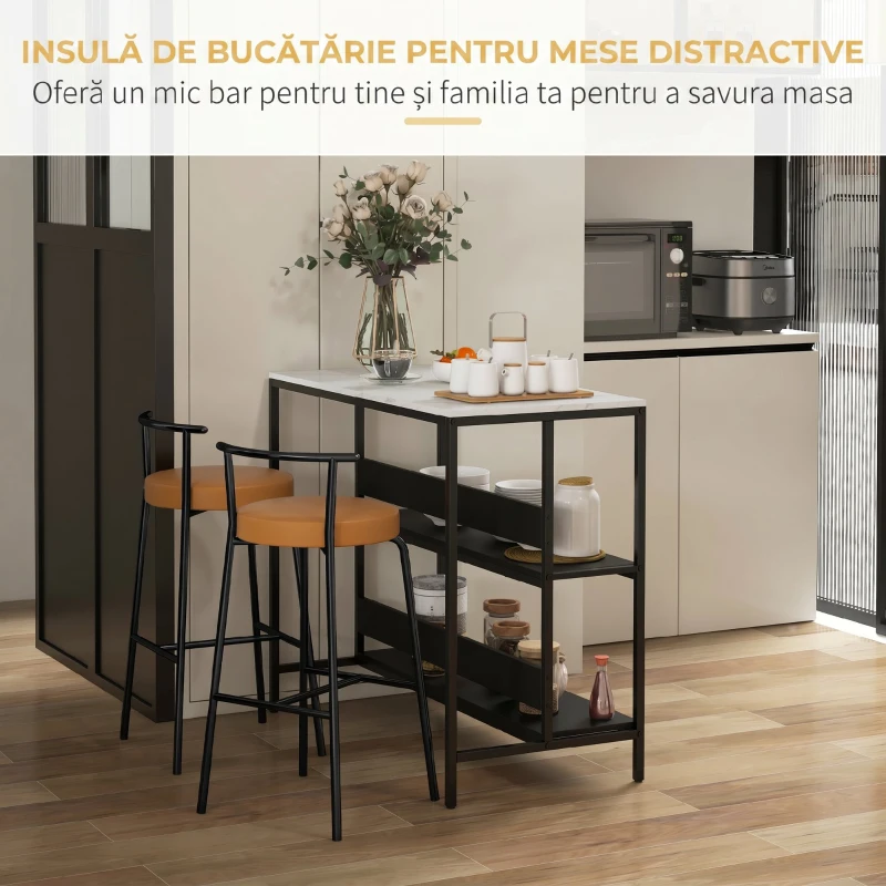 HOMCOM Insulă de Bucătărie cu Rafturi, Blat cu Efect de Marmură și Structură din Metal, 100x50x90cm, Negru și Alb