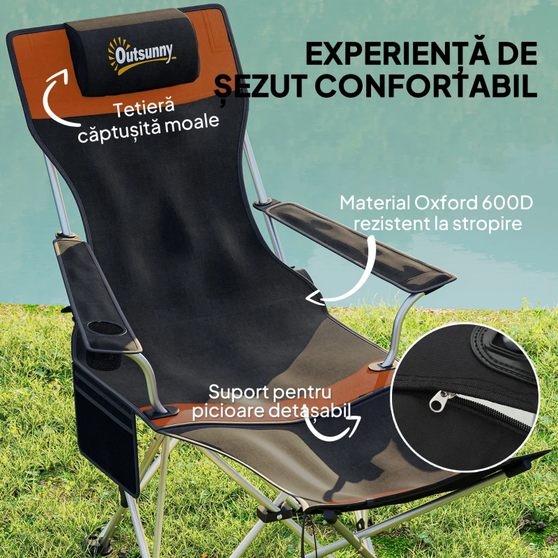 Outsunny Set de 2 Scaune de Camping Pliabile cu Suport pentru Picioare Detașabil, 82x100x88 cm, Negru