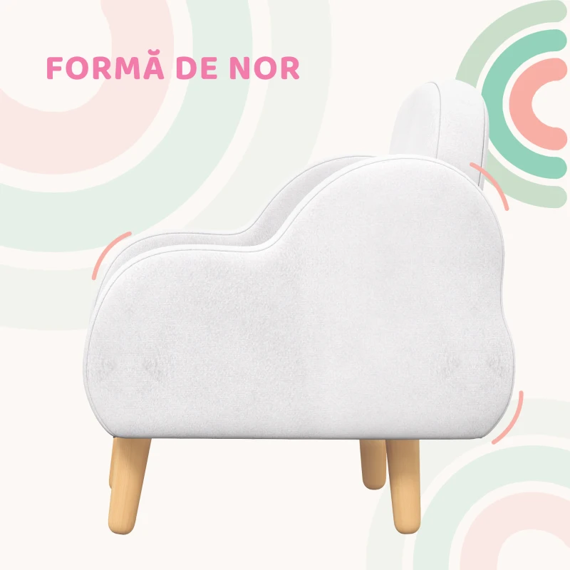 ZONEKIZ Fotoliu pentru Copii Stil Scandinav cu Brațe în Formă de Nor din Material Textil, Alb, 46x51x55 cm