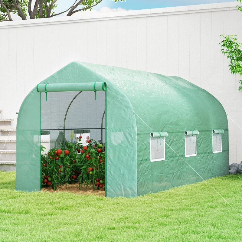 Outsunny Seră Tip Tunel Anti-UV cu 6 Ferestre cu Plasă și Intrare Rulabilă, din Metal și PE, 4x2x2 m, Verde