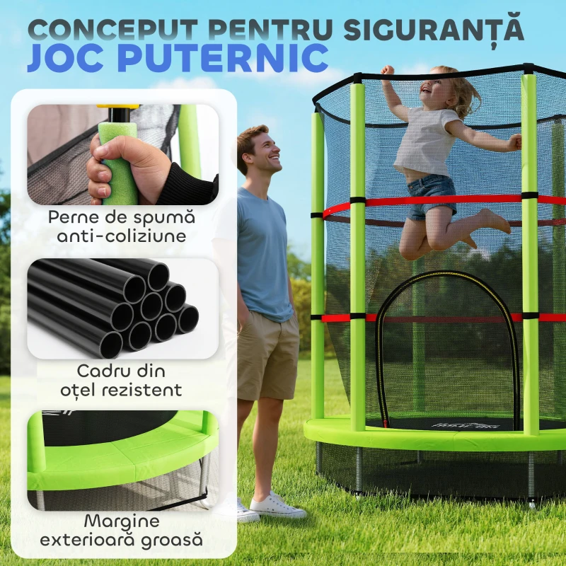 HOMCOM Trambulină pentru Copii 3-6 Ani cu Plasă de Protecție, 6 Coloane și 3 Intrări, Ø140x190 cm, Verde și Negru