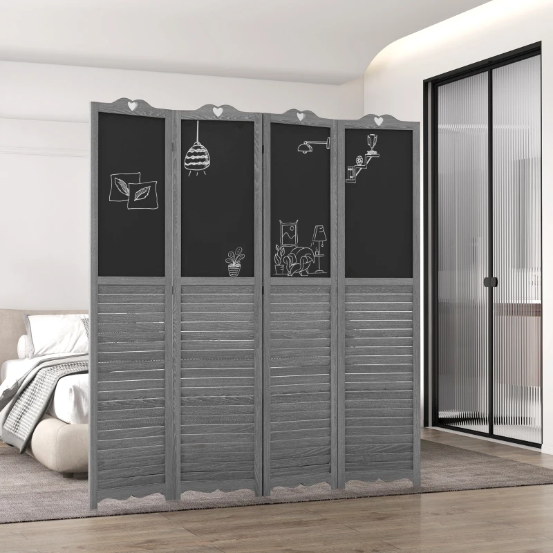 HOMCOM Biombo Separador de Ambientes Dobrável de 4 Painéis de Madeira com Quadros 162x172 cm Cinzento