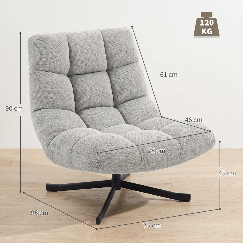 HOMCOM Fauteuil salon sans accoudoirs, chaise pivotante en tissu chenille, assise large, 75 x 95 x 90 cm gris clair