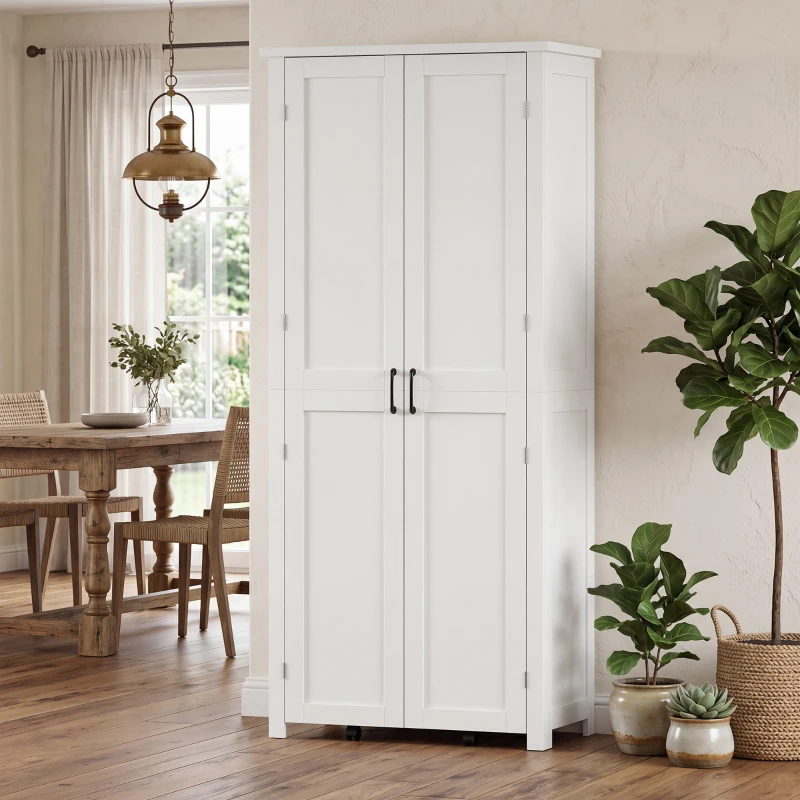 HOMCOM Mobile Cucina Alto con Ruote, 2 Ante, 14 Scomparti, 80x40x180 cm, Bianco