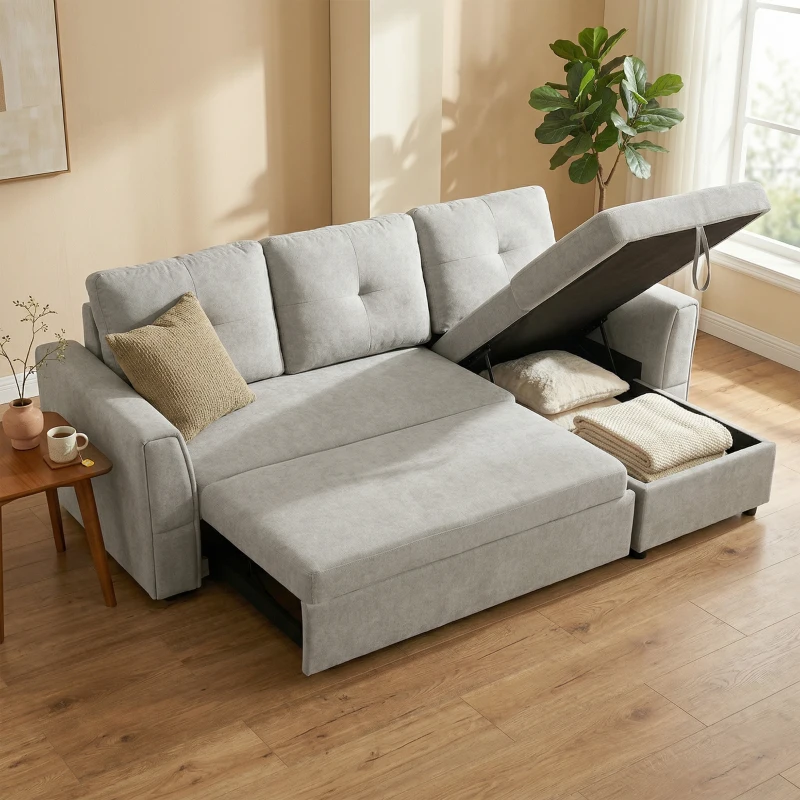 HOMCOM 3-Sitzer-Sofa mit Bettfunktion, Schlafsofa mit Chaiselongue, Polstersofa, Grau(m-2)