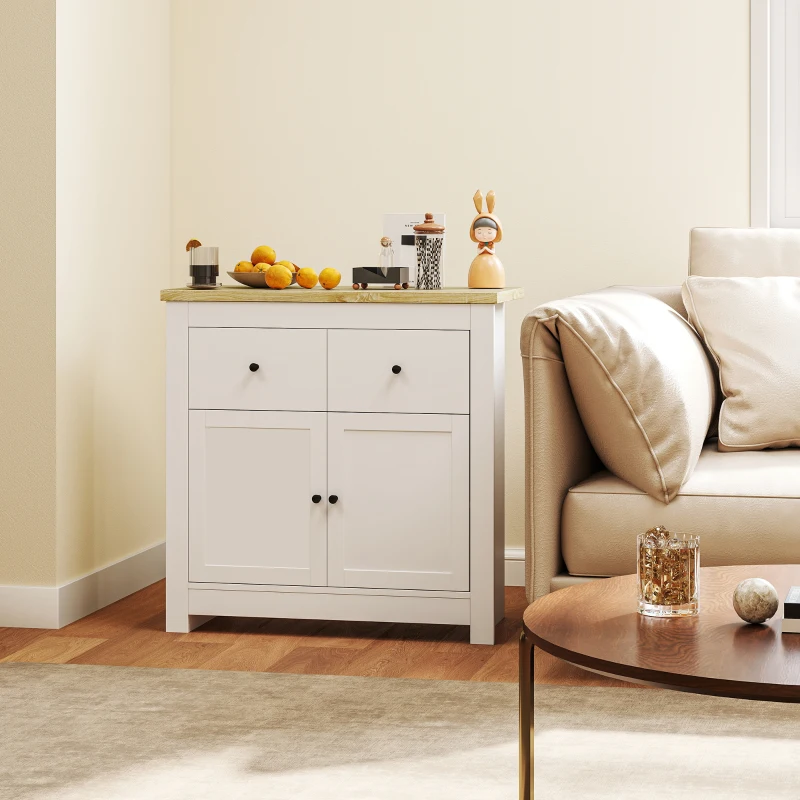 HOMCOM Kommode mit viel Stauraum, Sideboard mit Soft-Close-Türen, 2 Schubladen, verstellbares Regal, Weiß(m-10)