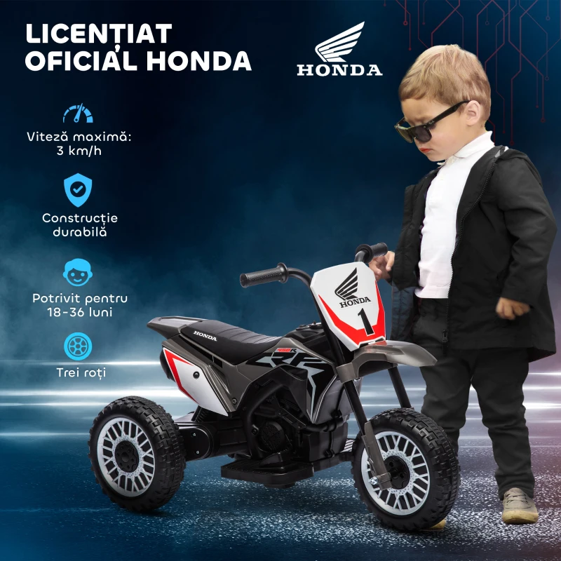 HOMCOM Motocicletă de cross electrică pentru copii Licență Honda CRF450RL cu 3 roți și claxon, 71x40,5x43,5 cm, gri