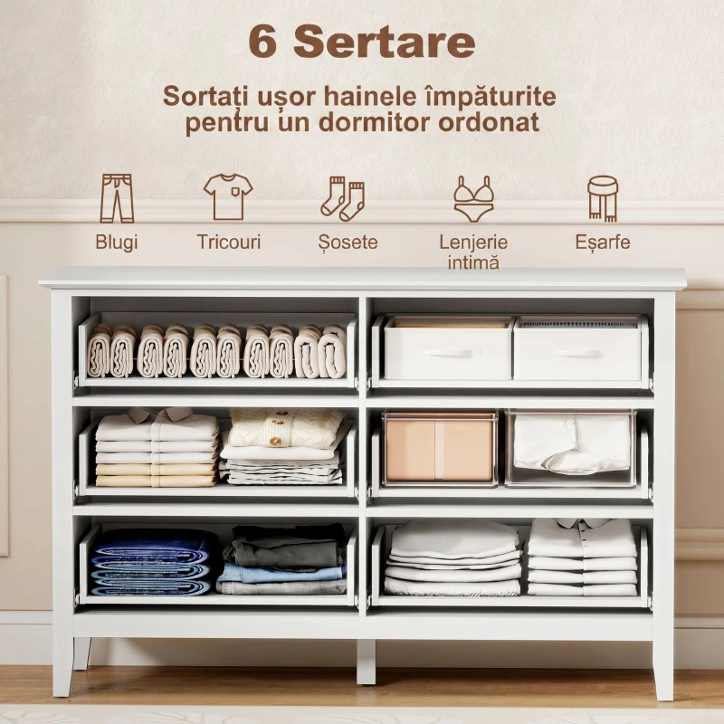 HOMCOM Comodă pentru Dormitor Canelată cu 6 Sertare, Mânere și 5 Picioare, pentru Hol, Living sau Intrare, Alb