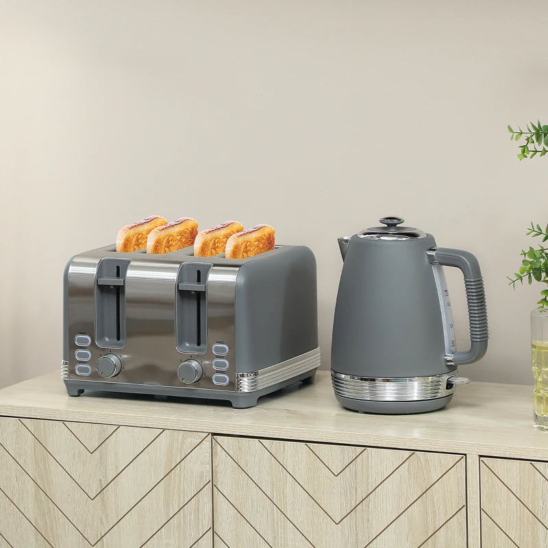 HOMCOM Stainless Steel Panel Kettle and Toaster Set - Grey