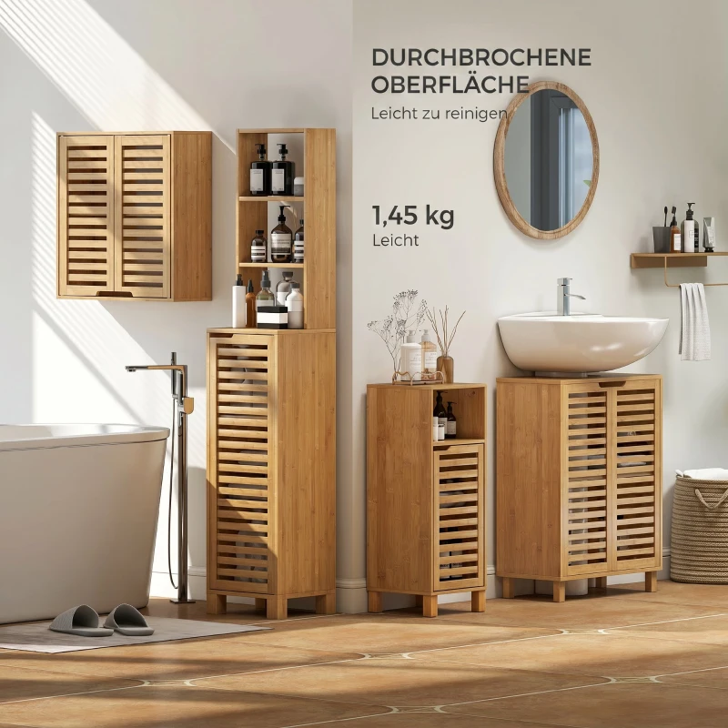 HOMCOM Dulap Suspendat pentru Baie cu Raft Interior Reglabil și Uși Tip Obloane, din Bambus, 60x20x60 cm, Culoare Lemn