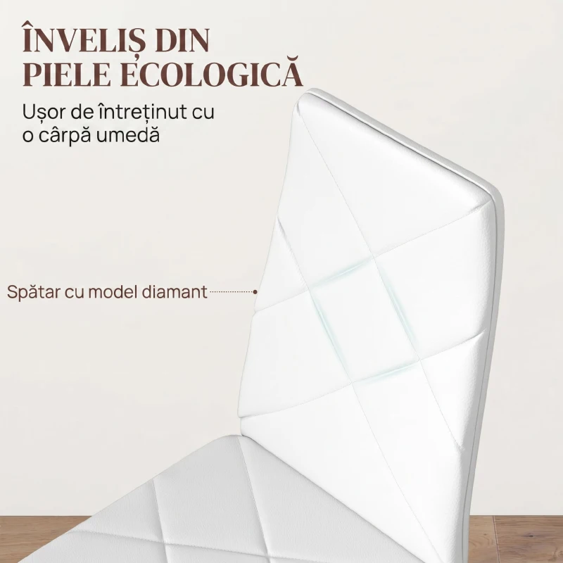 HOMCOM Set de 2 Scaune de Dining Moderne cu Spătar Înalt din Piele Ecologică și Oțel, 41x50x97 cm, Alb