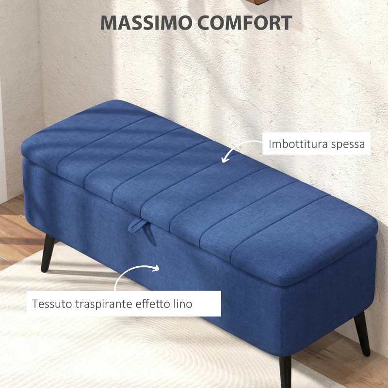 HOMCOM Panca Contenitore Pouf Poggiapiedi Imbottito, 102x40x44 cm, Blu Scuro