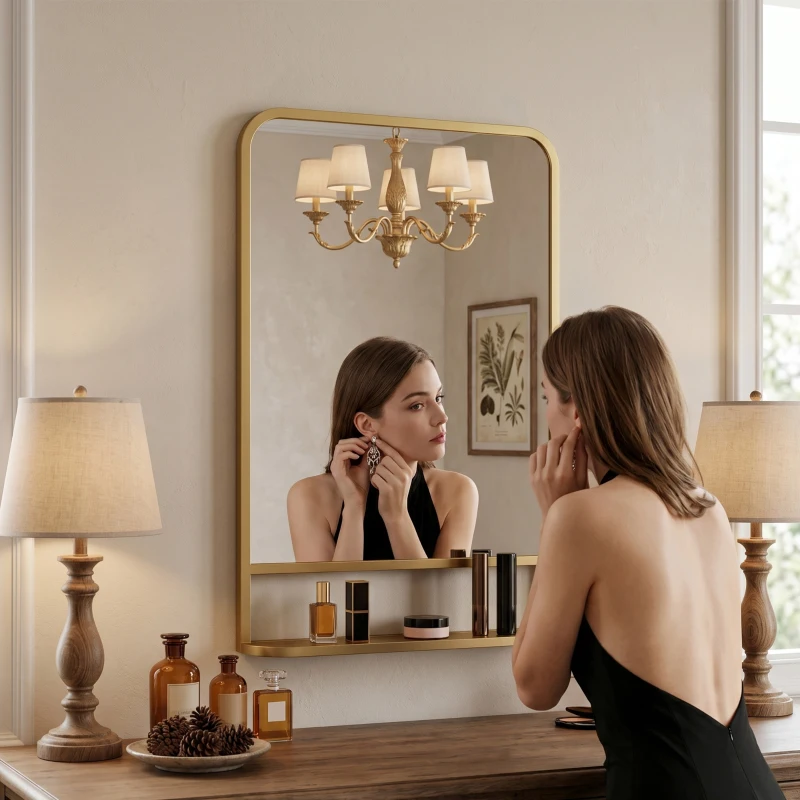 HOMCOM Modern Rectangular Wall Mirror with Storage Shelf, 70 x 50 cm, Gold Tone