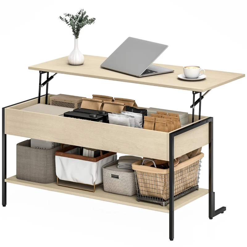 HOMCOM Table basse avec plateau relevable, table de salon avec compartiment caché et étagère ouverte, 95x40x59cm, bois naturel