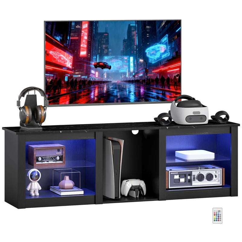 HOMCOM Meuble TV avec éclairage LED pour télévision jusqu'à 70 pouces, 160cm avec étagères en verre réglables, noir