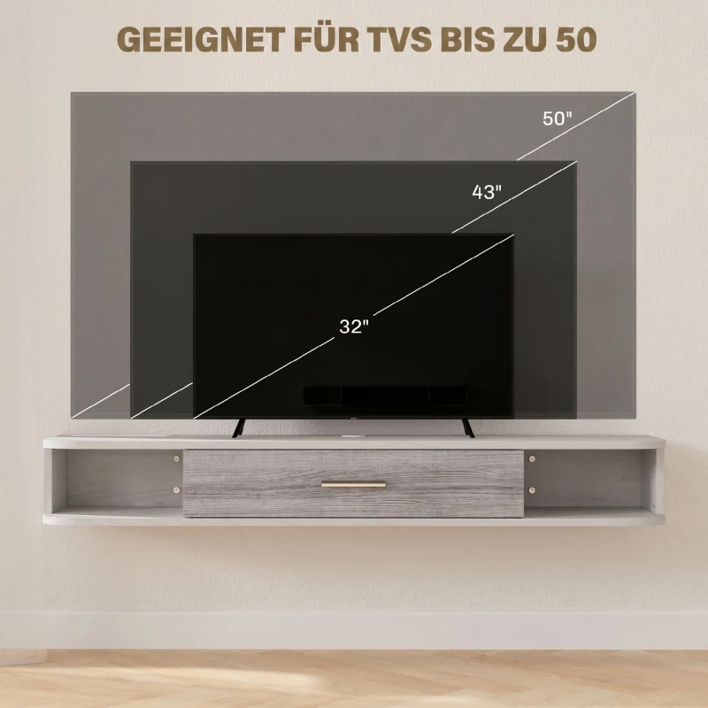 HOMCOM Dulap TV Suspendat din Lemn cu 2 Rafturi Deschise și Dulap, 120x26x16 cm, Alb și Gri
