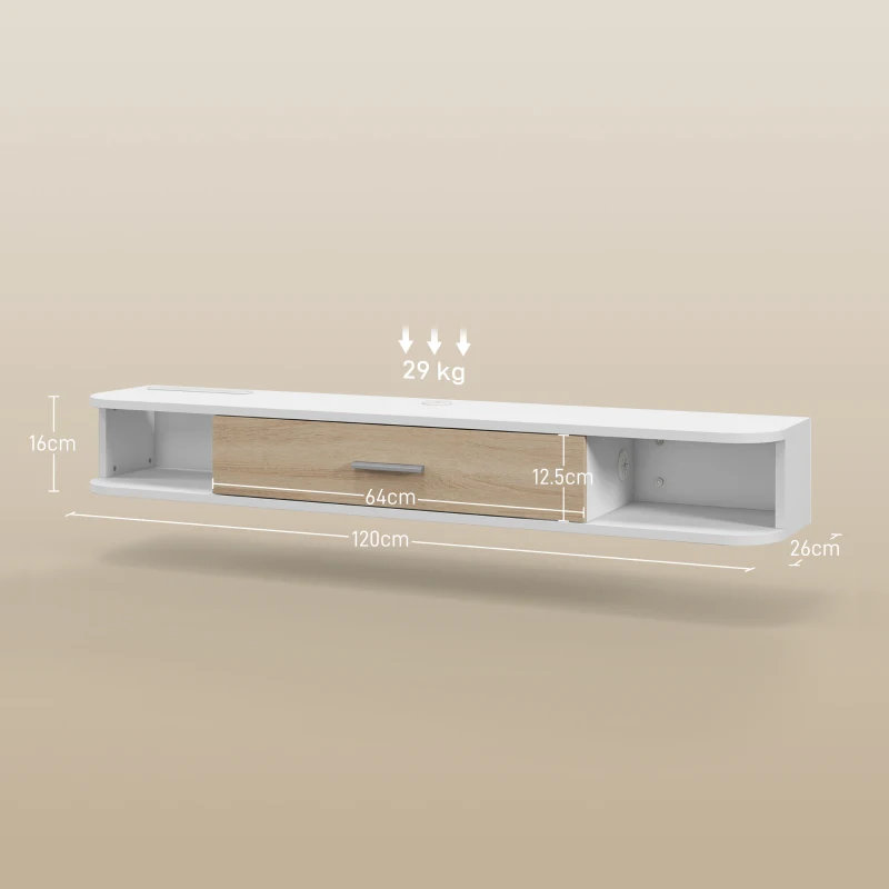 HOMCOM，Suport TV，Cu 2 Rafturi Deschise și Dulap cu Ușă Rabatabilă，MDF，120cm x 26cm x 16cm，Alb, gri