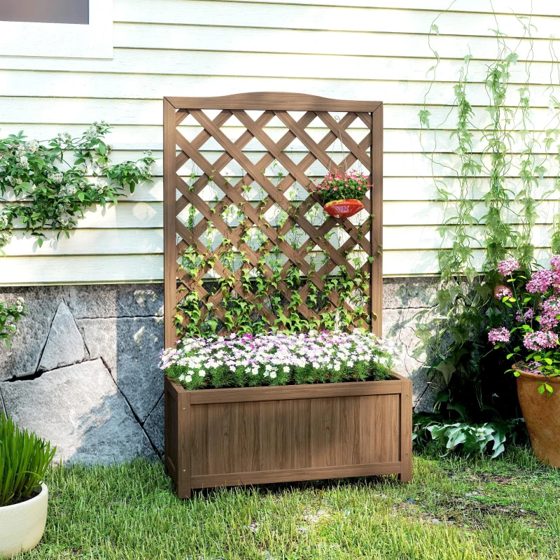 Outsunny Jardinière avec treillis, bac à fleurs, pour plantes grimpantes, légumes, fleurs, en bois massif, 70x28x117cm café foncé