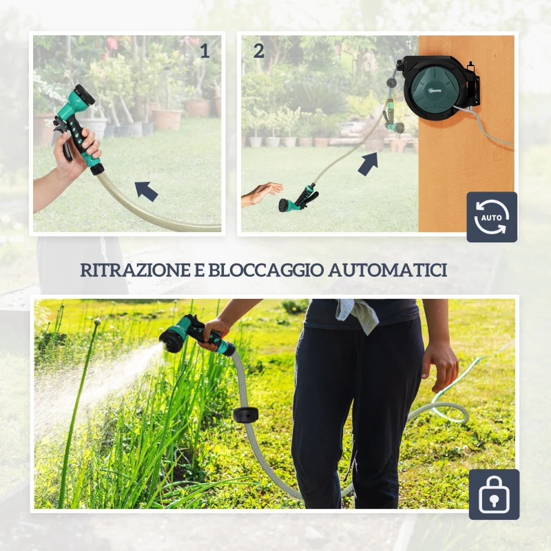 Outsunny Avvolgitubo da Giardino Retrattile con Tubo dell'Acqua 30+2 m, da Parete & da Manico, Girevole, 7 Modalità, Nero