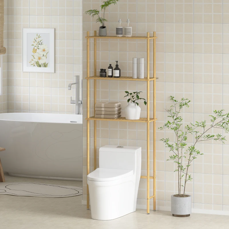 HOMCOM Toilettenregal 3 Ebenen Badezimmerregal, platzsparend Naturholz 69 x 25,5 x 181 cm