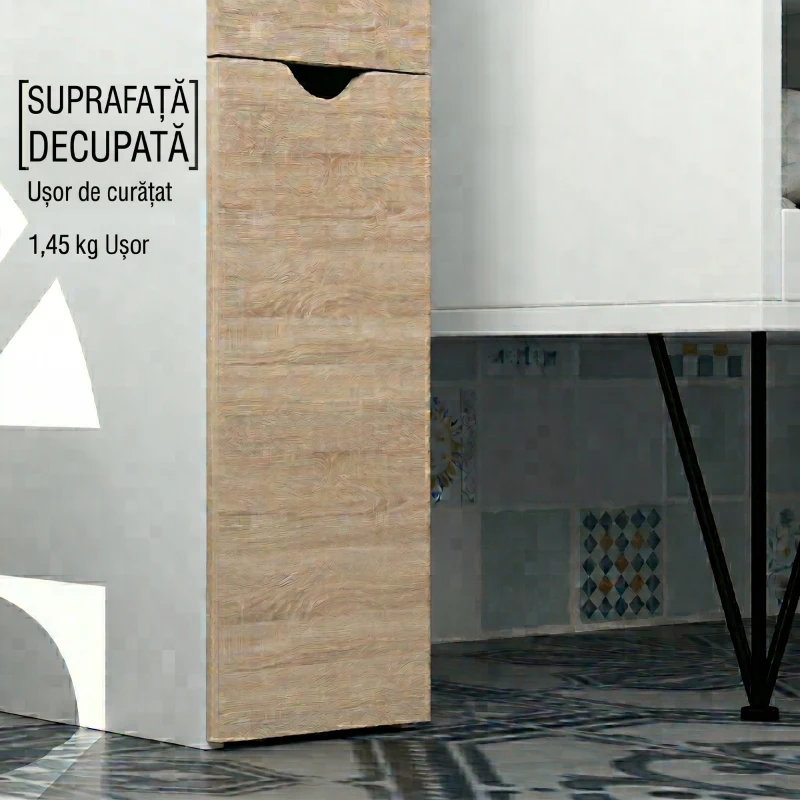 HOMCOM Coloană Pentru Baie cu Dulap, Rafturi și Sertare din Lemn, Lemn Natural