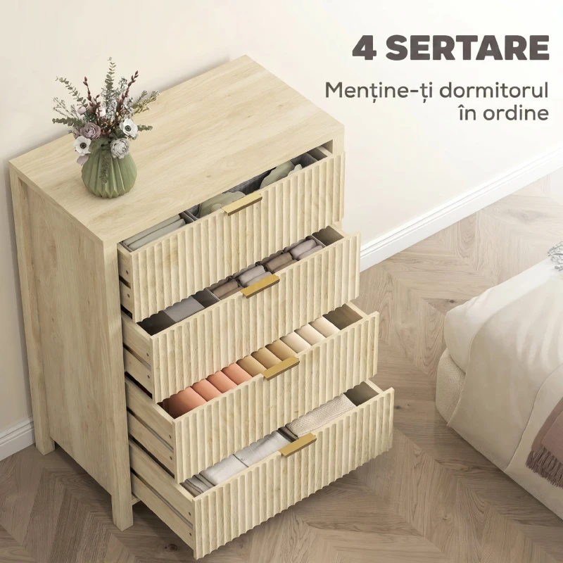HOMCOM Comodă cu 4 sertare scanalate și mânere aurii, 70x38x93 cm, lemn natural