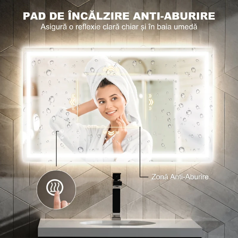 HOMCOM Oglindă de baie cu lumini LED reglabilă în 3 culori și strat antișoc, din sticlă și metal, 100x3x60 cm