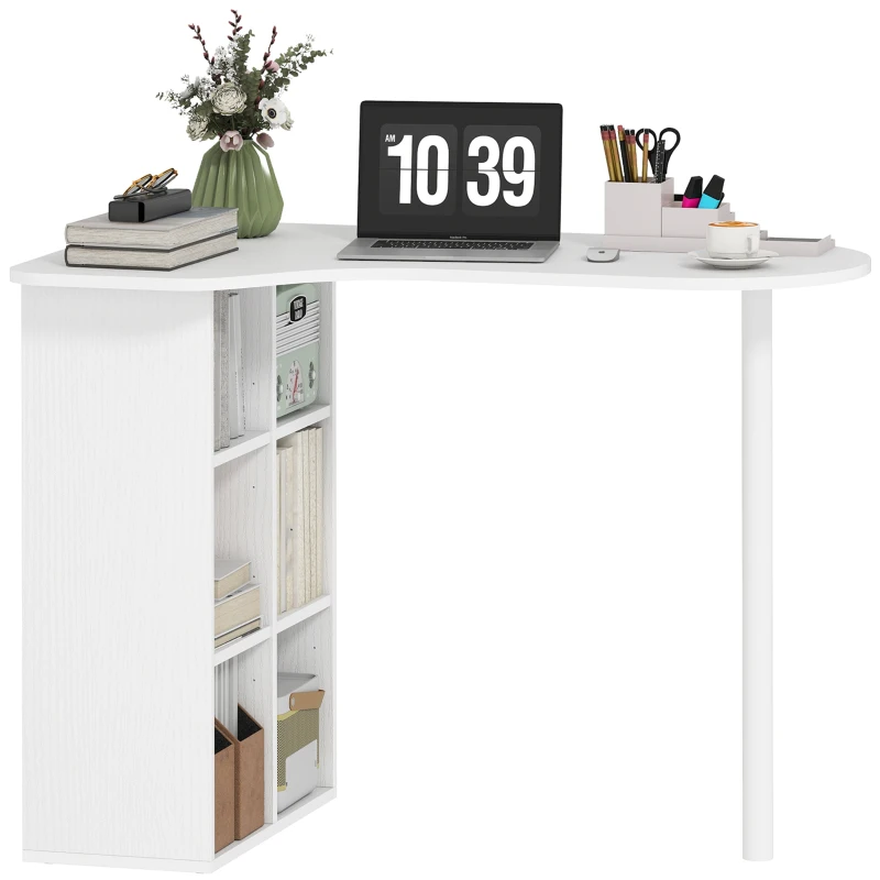 HOMCOM Birou pentru Cameră cu Blat Curbat, 6 Rafturi și 4 Polițe Reglabile, din Oțel și Lemn, 100x59x75,5 cm, Alb