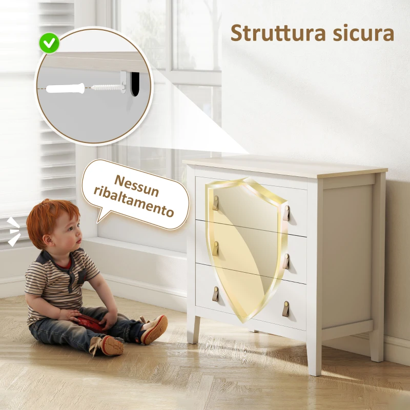 HOMCOM Cassettiera per Camera da Letto a 3 Cassetti con Maniglie in Finta Pelle, 80x40x78.5 cm, Bianco
