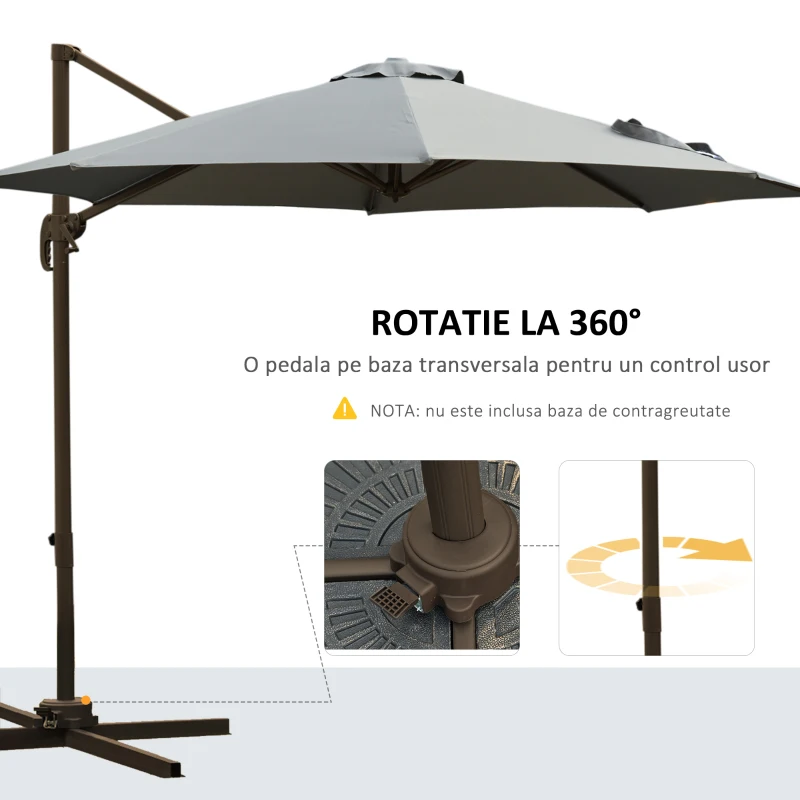 Outsunny Umbrelă de Grădină cu Manivelă și 8 Spițe, Unghi Reglabil, Ø2,95x2,5 m, Gri