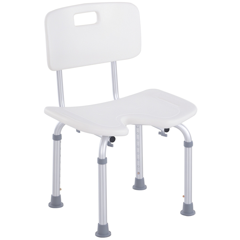 HOMCOM Scaun de Duș Reglabil pe 8 Niveluri cu Orificii de Drenaj, din Aluminiu și PE, 48x42x71-83,5 cm, Alb și Argintiu