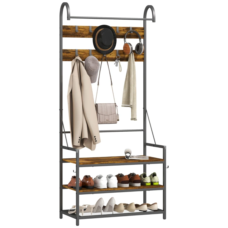 HOMCOM Cuier de Hol cu Bară, 10 Cârlige, Bancă și Suport pentru Pantofi, din Lemn și Metal, 80x40x182 cm, Maro și Negru