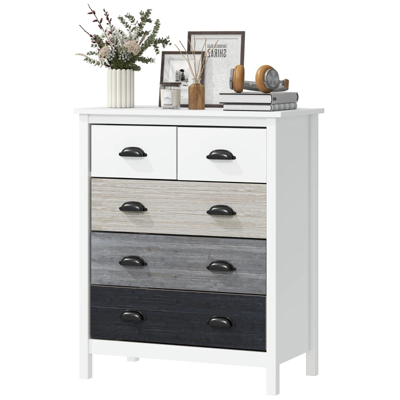 HOMCOM Sideboard, Kommode, 5 Schubladen, lackierte Oberfläche, MDF & Kiefernholz, 70 x 38 x 85 cm, Weiß