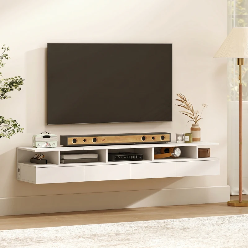HOMCOM Set 2 Comodini Sospesi con Stazione di Ricarica, Cassetto e Ripiano Aperto, in Legno, 40x35x30 cm, Bianco